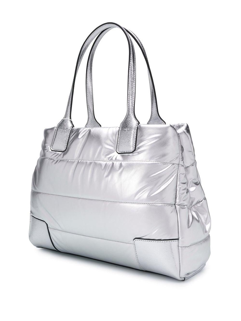 Tory Burch Puffer Ella Silver Metallic Tote Carry All Work Travel Bag - Picture 8 of 11
